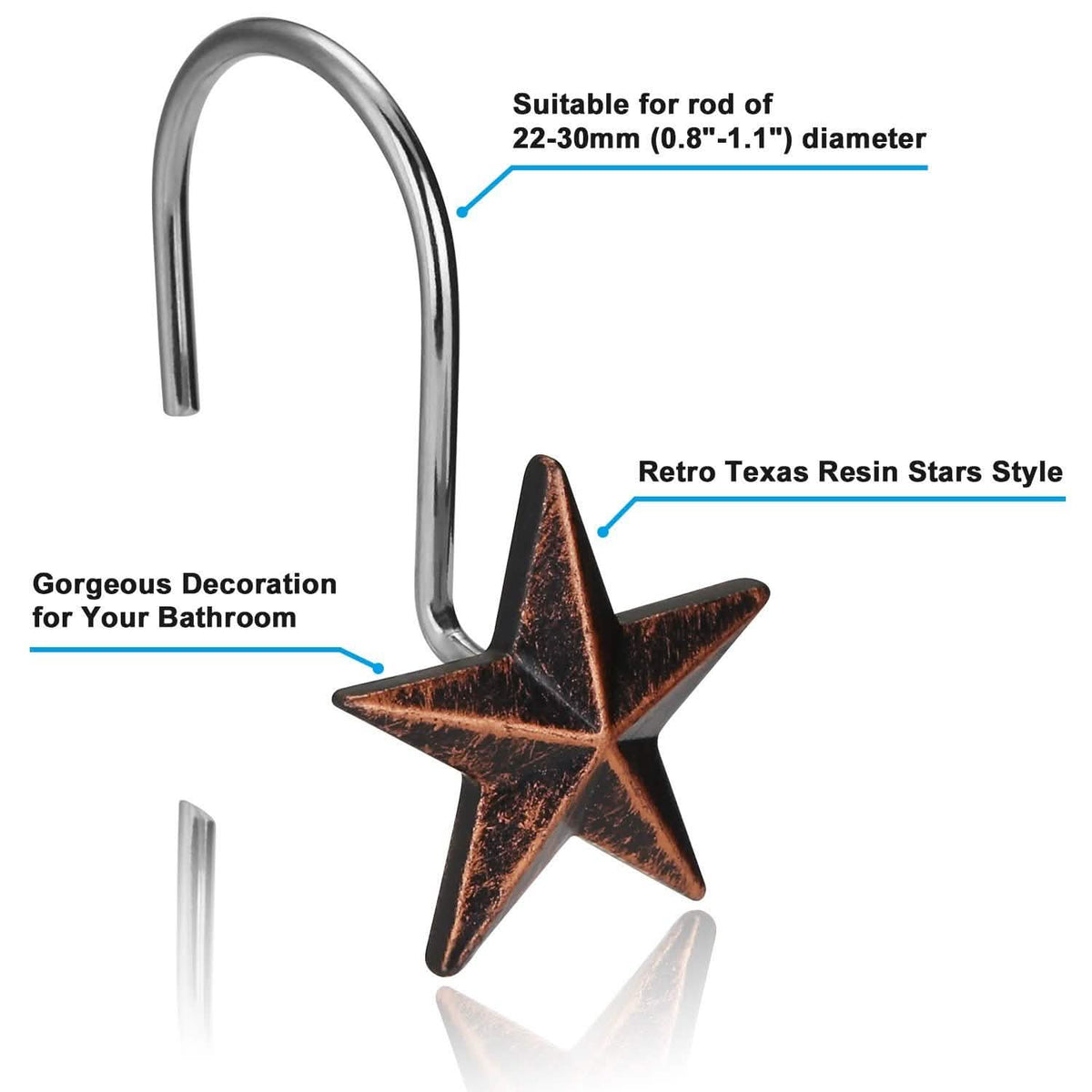 12-Pieces: Anti-Rust Star Decorative Shower Curtain Hooks-12-Pieces: Anti-Rust Star Decorative Shower Curtain Hooks