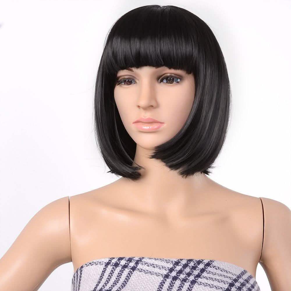 13 Inches Straight Heat Resistant Short Bob Full Hair Wigs with Flat Bangs-13 Inches Straight Heat Resistant Short Bob Full Hair Wigs with Flat Bangs