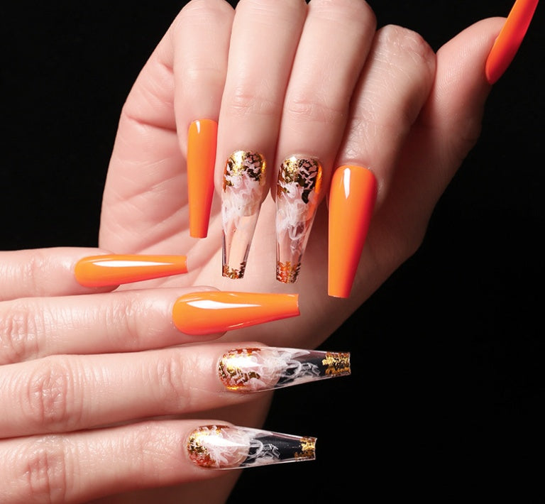 European And American Ballet A Type Art Orange Red Smoke Pattern Fake Nail Patch Box-4e3d40f9b4928d0d04fcf6939406d76b