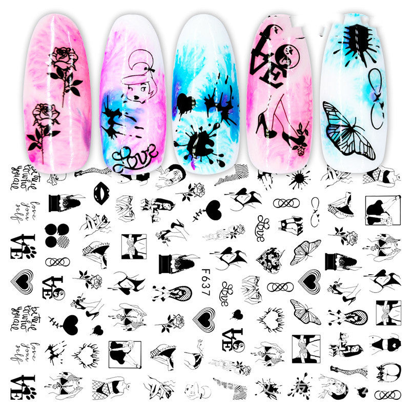 Cross-Border Nail Stickers New Japanese European And American 3D Hot Stamping Full Stickers Black And White Rose Heart-Shaped Ink Nail Decals-7075ad5495b317f5a40341fbf711f89e