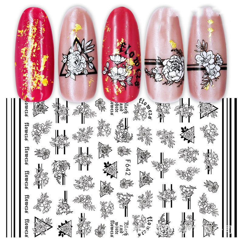 Cross-Border Nail Stickers New Japanese European And American 3D Hot Stamping Full Stickers Black And White Rose Heart-Shaped Ink Nail Decals-4545a1ec8a7649be1cb2236e941faf18