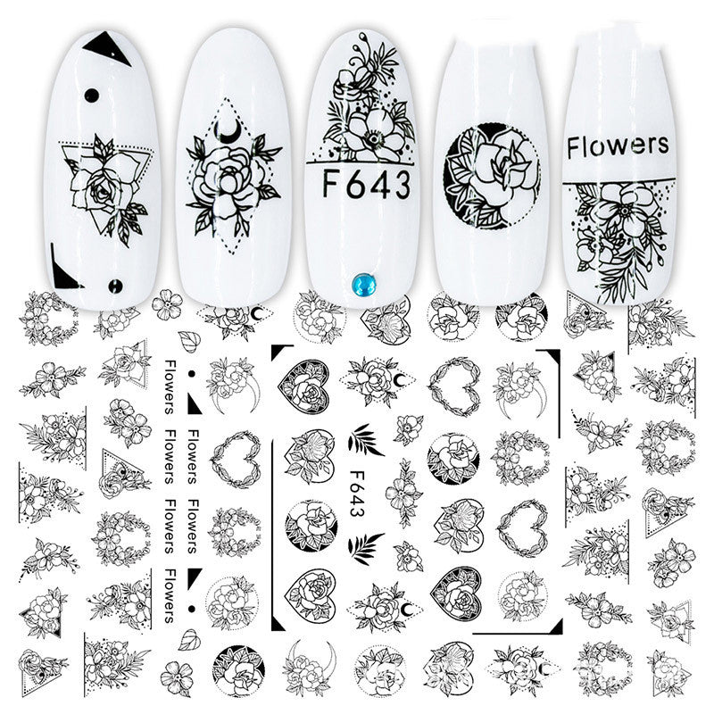 Cross-Border Nail Stickers New Japanese European And American 3D Hot Stamping Full Stickers Black And White Rose Heart-Shaped Ink Nail Decals-865c17b0337c3848afb03fb977684963