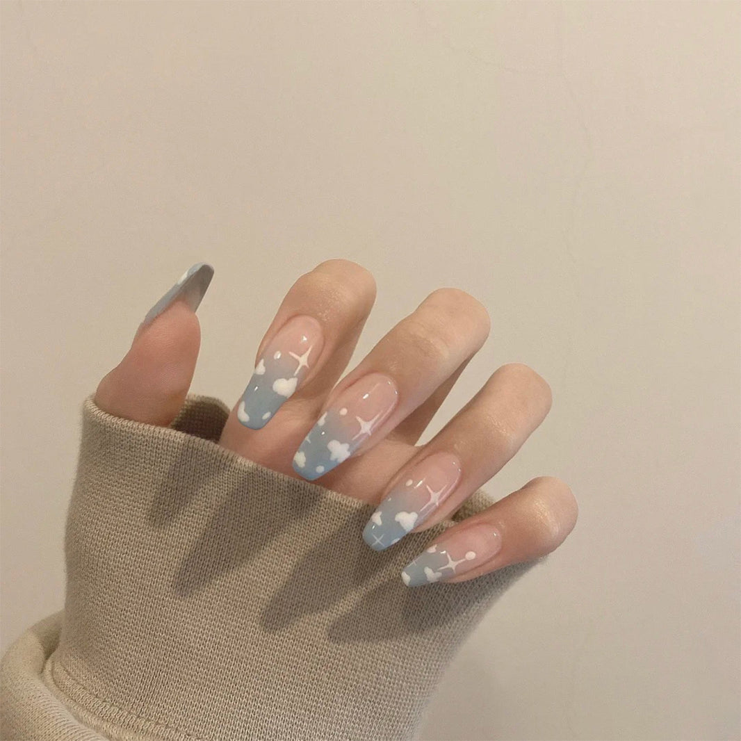 Gray Blue Cotton Cloud Wearing Nail Finished Soft Nail Fake Nail Patch Removable-c3e05043b66107629ea9863233c47acd