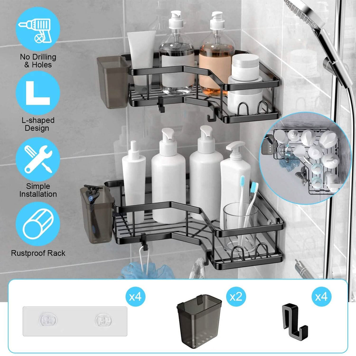 2-Pack: Corner Shower Caddy No Drilling Adhesive Shower Organizer-2-Pack: Corner Shower Caddy No Drilling Adhesive Shower Organizer
