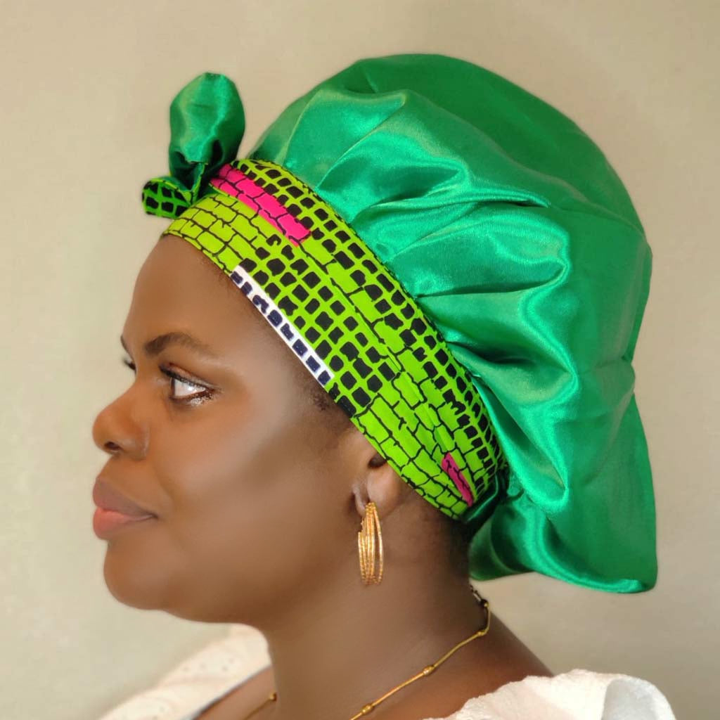 Sharifah Satin Double-layer Bonnet with African Print Tie-Sharifah Satin Double-layer Bonnet with African Print Tie