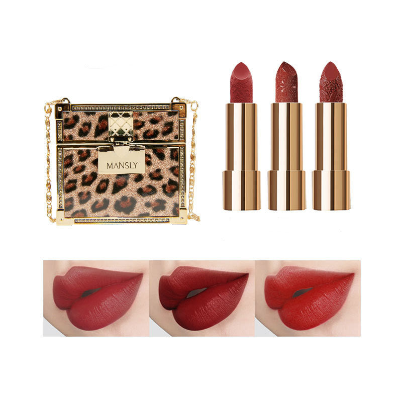 Fashion Small Sachet Mousse Lipstick Leopard Print Chain With Small Round Mirror Set-b9a68e67da0c67a4bf017633b9b2dc36