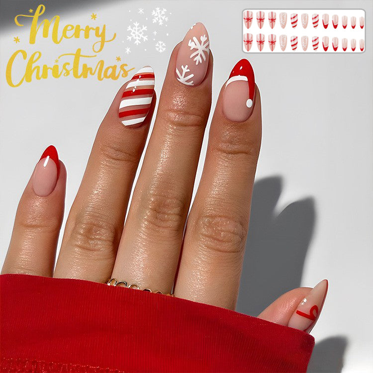 24pcs Christmas False Nails Hat Striped Snowflake Nail Art Stickers For Parties Dances Or Holiday Wear-d787e8b64902afe1f5d169b2333e051