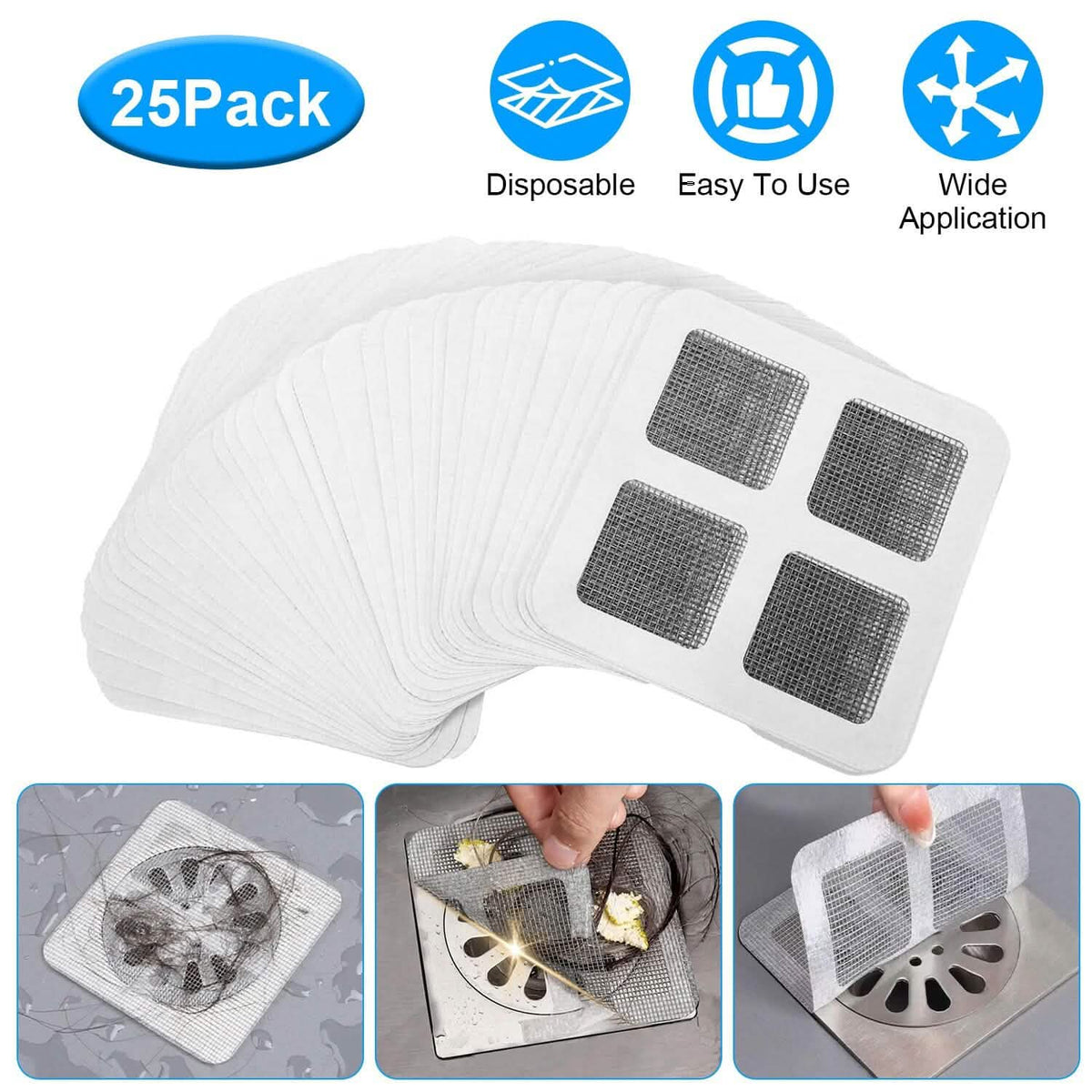 25-Pack:  3.94 x 3.94" Disposable Floor Drain Sticker Hair Catcher-25-Pack:  3.94 x 3.94" Disposable Floor Drain Sticker Hair Catcher