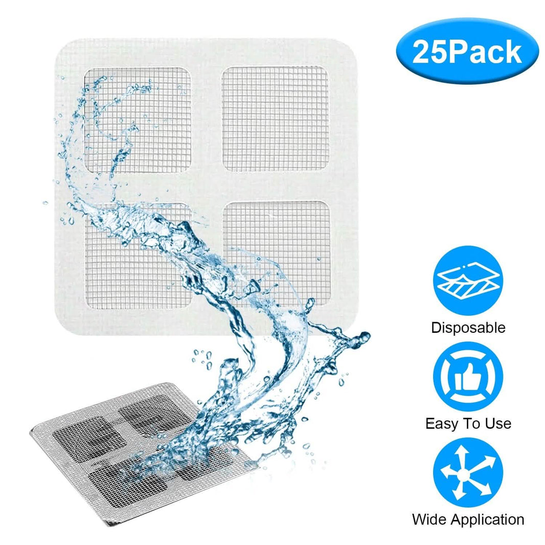 25-Pack:  3.94 x 3.94" Disposable Floor Drain Sticker Hair Catcher-25-Pack:  3.94 x 3.94" Disposable Floor Drain Sticker Hair Catcher