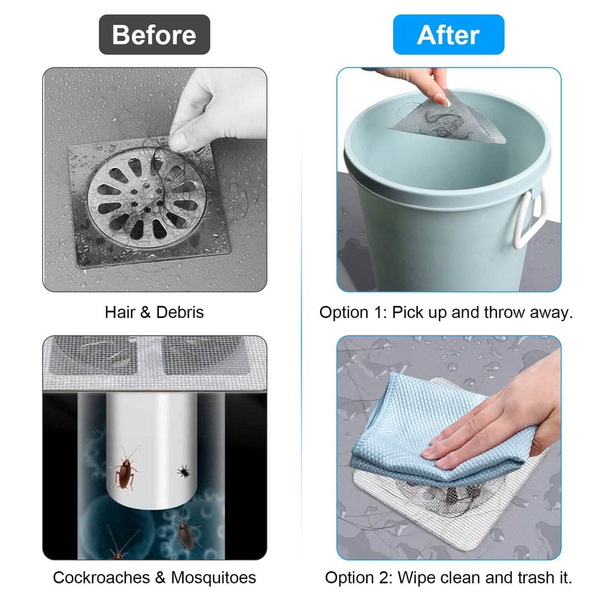 25-Pack:  3.94 x 3.94" Disposable Floor Drain Sticker Hair Catcher-25-Pack:  3.94 x 3.94" Disposable Floor Drain Sticker Hair Catcher