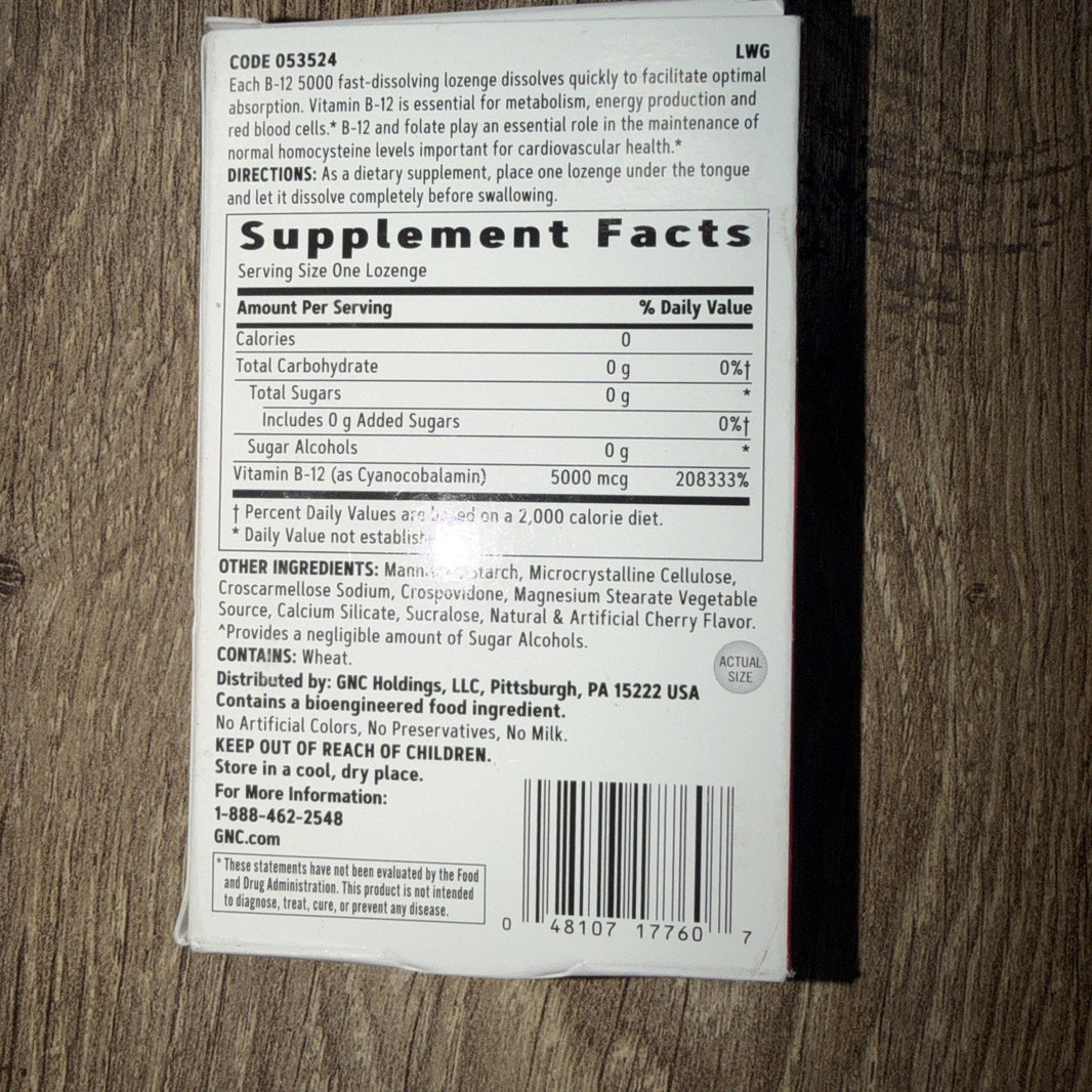 GNC Vitamin B-12 5000 mcg Lozenges, Cherry, 60 Count (Best By 3/2027)-GNC Vitamin B-12 5000 mcg Lozenges, Cherry, 60 Count (Best By 3/2027)