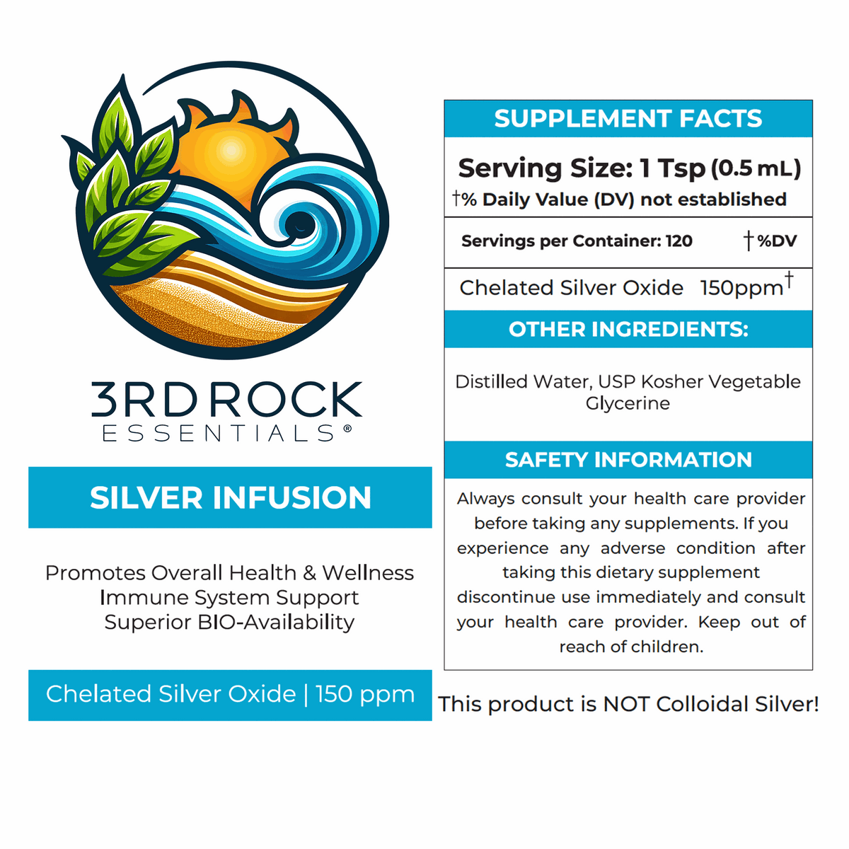 3rd Rock Essentials Silver Infusion – 150 PPM Chelated Silver Oxide Complex Supplement– 16 fl oz-3rd Rock Essentials Silver Infusion – 150 PPM Chelated Silver Oxide Complex Supplement– 16 fl oz