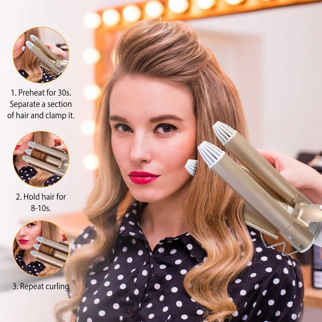 3-Barrel Curling Iron Wand Electric Hair Curler 1" Triple Hair Waver-3-Barrel Curling Iron Wand Electric Hair Curler 1" Triple Hair Waver