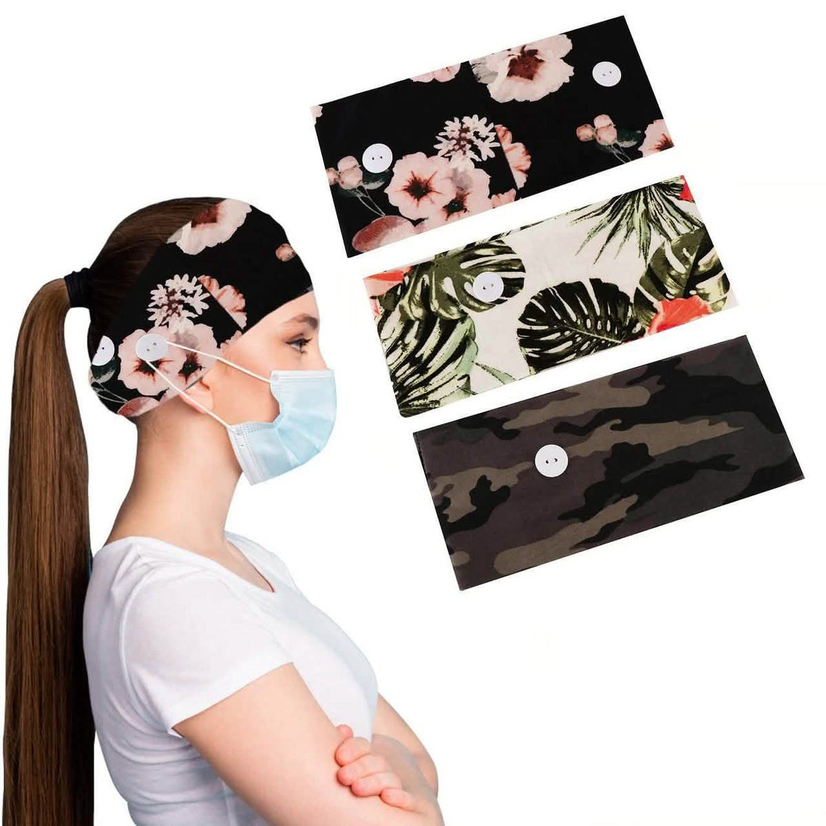 3-Pack: Women's Comfy Stretchy Headband With Buttons For Face Masks and Covers-3-Pack: Women's Comfy Stretchy Headband With Buttons For Face Masks and Covers