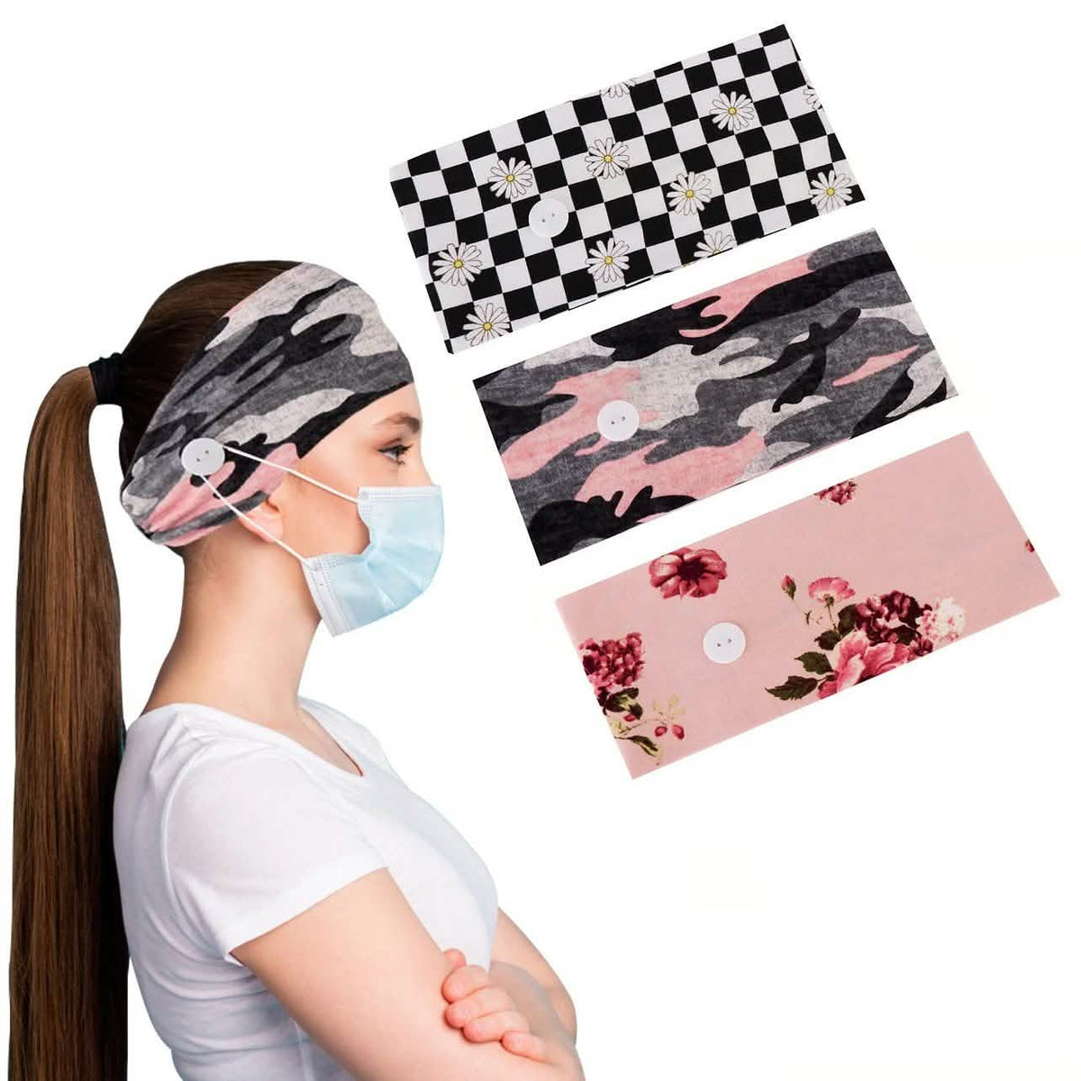 3-Pack: Women's Comfy Stretchy Headband With Buttons For Face Masks and Covers-3-Pack: Women's Comfy Stretchy Headband With Buttons For Face Masks and Covers