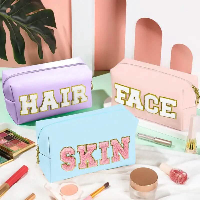 3-Pieces: PU Leather Waterproof Chenille Preppy Makeup Bag-3-Pieces: PU Leather Waterproof Chenille Preppy Makeup Bag