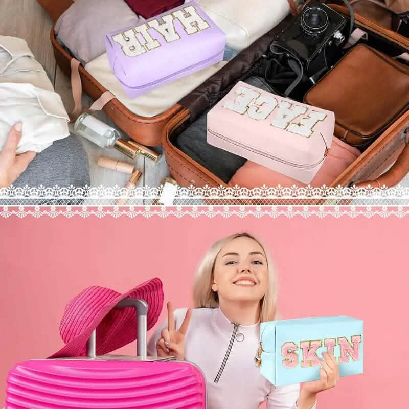 3-Pieces: PU Leather Waterproof Chenille Preppy Makeup Bag-3-Pieces: PU Leather Waterproof Chenille Preppy Makeup Bag