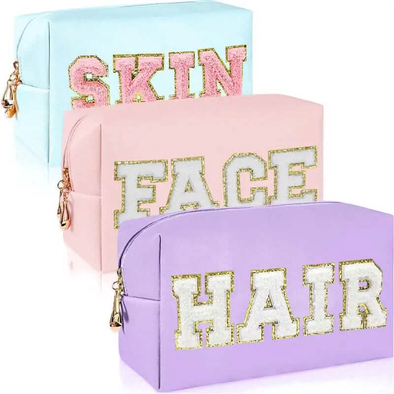 3-Pieces: PU Leather Waterproof Chenille Preppy Makeup Bag-3-Pieces: PU Leather Waterproof Chenille Preppy Makeup Bag