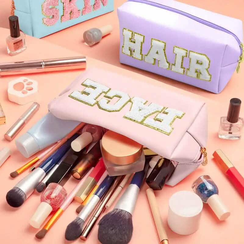 3-Pieces: PU Leather Waterproof Chenille Preppy Makeup Bag-3-Pieces: PU Leather Waterproof Chenille Preppy Makeup Bag
