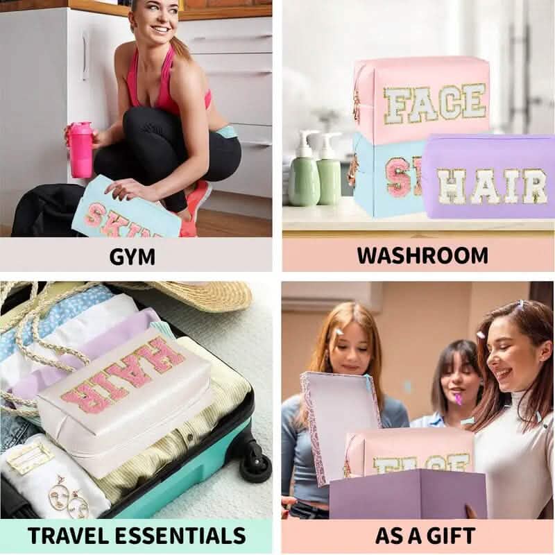 3-Pieces: PU Leather Waterproof Chenille Preppy Makeup Bag-3-Pieces: PU Leather Waterproof Chenille Preppy Makeup Bag