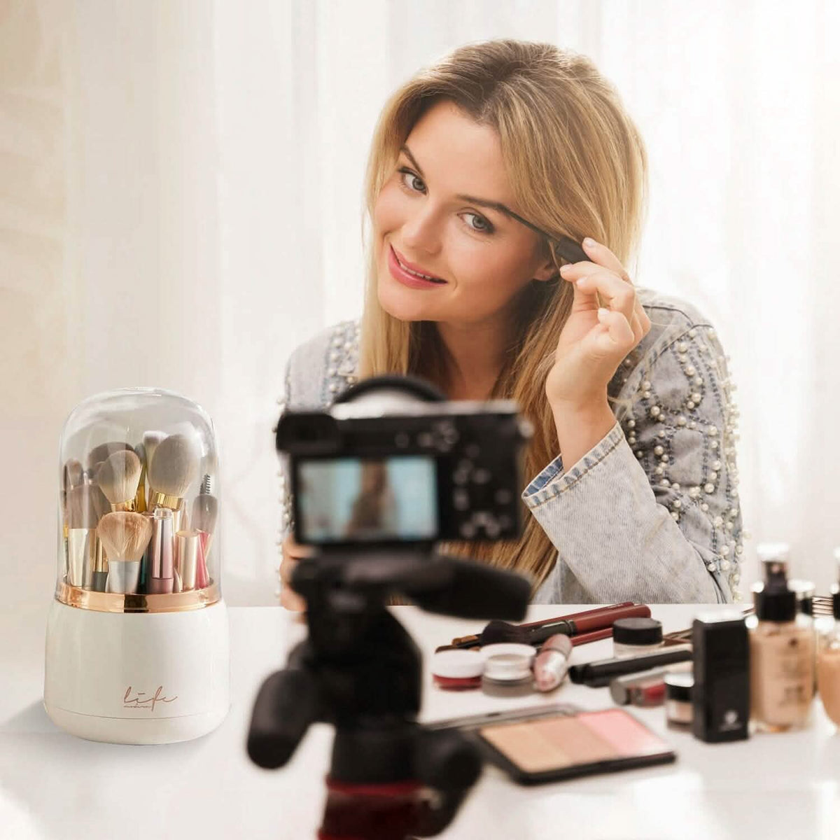 360¬∞ Rotating Makeup Brush Holder with Lid Makeup Organizer-360¬∞ Rotating Makeup Brush Holder with Lid Makeup Organizer