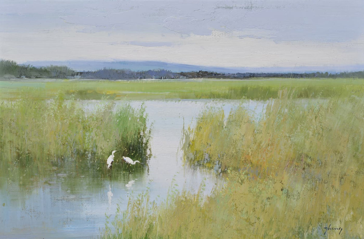 Original Oil Painting of Marsh with egrets-Original Oil Painting of Marsh with egrets