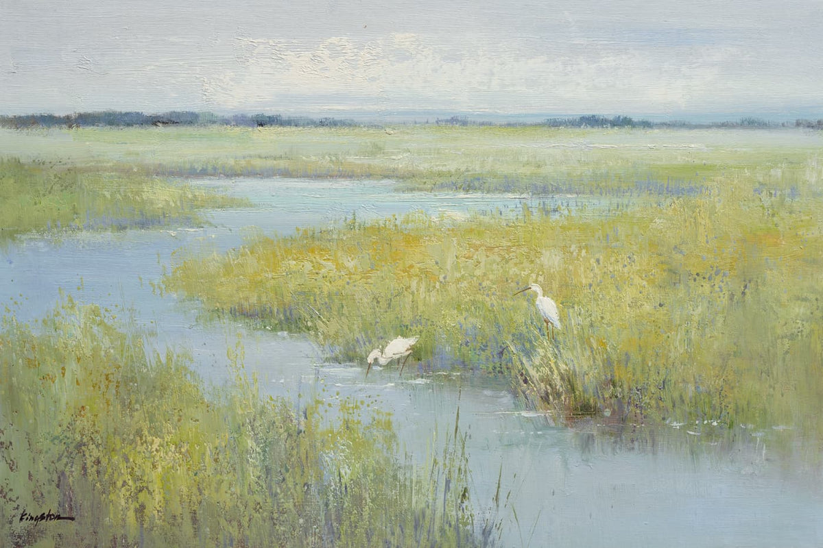 Original Oil Painting of Egrets In Water-Original Oil Painting of Egrets In Water