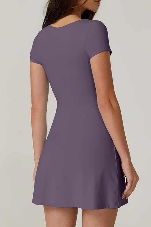QINSEN Tennis Dress for Women Square Neck Short Sleeve Active Workout Dresses Built in Shorts Deep Purple L (Clearance)-QINSEN Tennis Dress for Women Square Neck Short Sleeve Active Workout Dresses Built in Shorts Deep Purple L (Clearance)