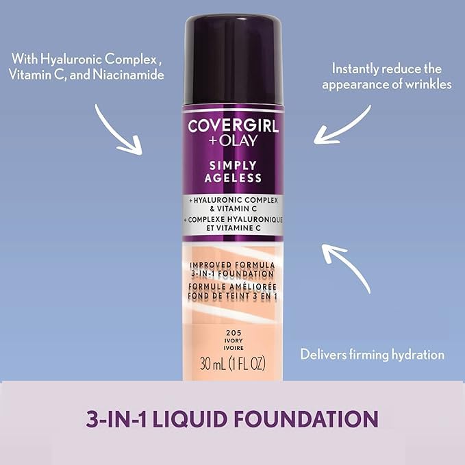 COVERGIRL & Olay Simply Ageless 3-in-1 Liquid Foundation, Matte Finish, Hyaluronic & Vitamin C Formula, 225 Buff Beige, 1 Count-COVERGIRL & Olay Simply Ageless 3-in-1 Liquid Foundation, Matte Finish, Hyaluronic & Vitamin C Formula, 225 Buff Beige, 1 Count