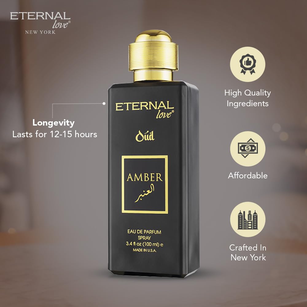 Eternal Love Amber Oud - Long Lasting Unisex Eau de Parfum - Warm Woody Oriental Fragrance with Oud & Amber - Dubai Inspired Arabic Scent - 3.4oz-Eternal Love Amber Oud - Long Lasting Unisex Eau de Parfum - Warm Woody Oriental Fragrance with Oud & Amber - Dubai Inspired Arabic Scent - 3.4oz