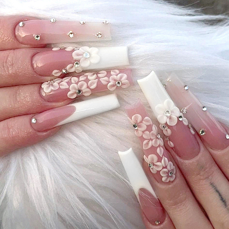 Long Ballet Diamond Long French Fake Nails-e05a6b92ceee290908c32b1d0024eb57