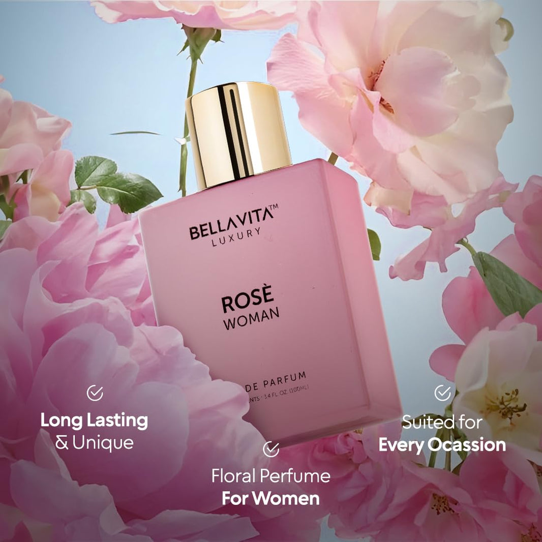 Bellavita Luxury ROSE Eau de Parfum | 100 ml (3.4 fl.oz.) | Perfume for Women | Fresh, Floral Peach, Jasmine, and Ambery Musk Notes | Long Lasting Women's Day Special Fragrance-Bellavita Luxury ROSE Eau de Parfum | 100 ml (3.4 fl.oz.) | Perfume for Women | Fresh, Floral Peach, Jasmine, and Ambery Musk Notes | Long Lasting Women's Day Special Fragrance