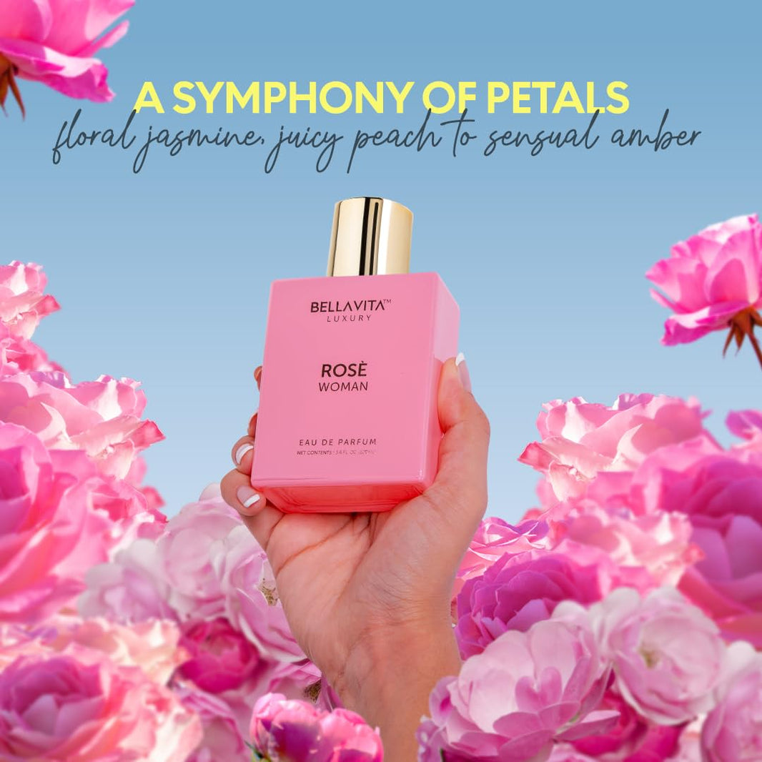 Bellavita Luxury ROSE Eau de Parfum | 100 ml (3.4 fl.oz.) | Perfume for Women | Fresh, Floral Peach, Jasmine, and Ambery Musk Notes | Long Lasting Women's Day Special Fragrance-Bellavita Luxury ROSE Eau de Parfum | 100 ml (3.4 fl.oz.) | Perfume for Women | Fresh, Floral Peach, Jasmine, and Ambery Musk Notes | Long Lasting Women's Day Special Fragrance