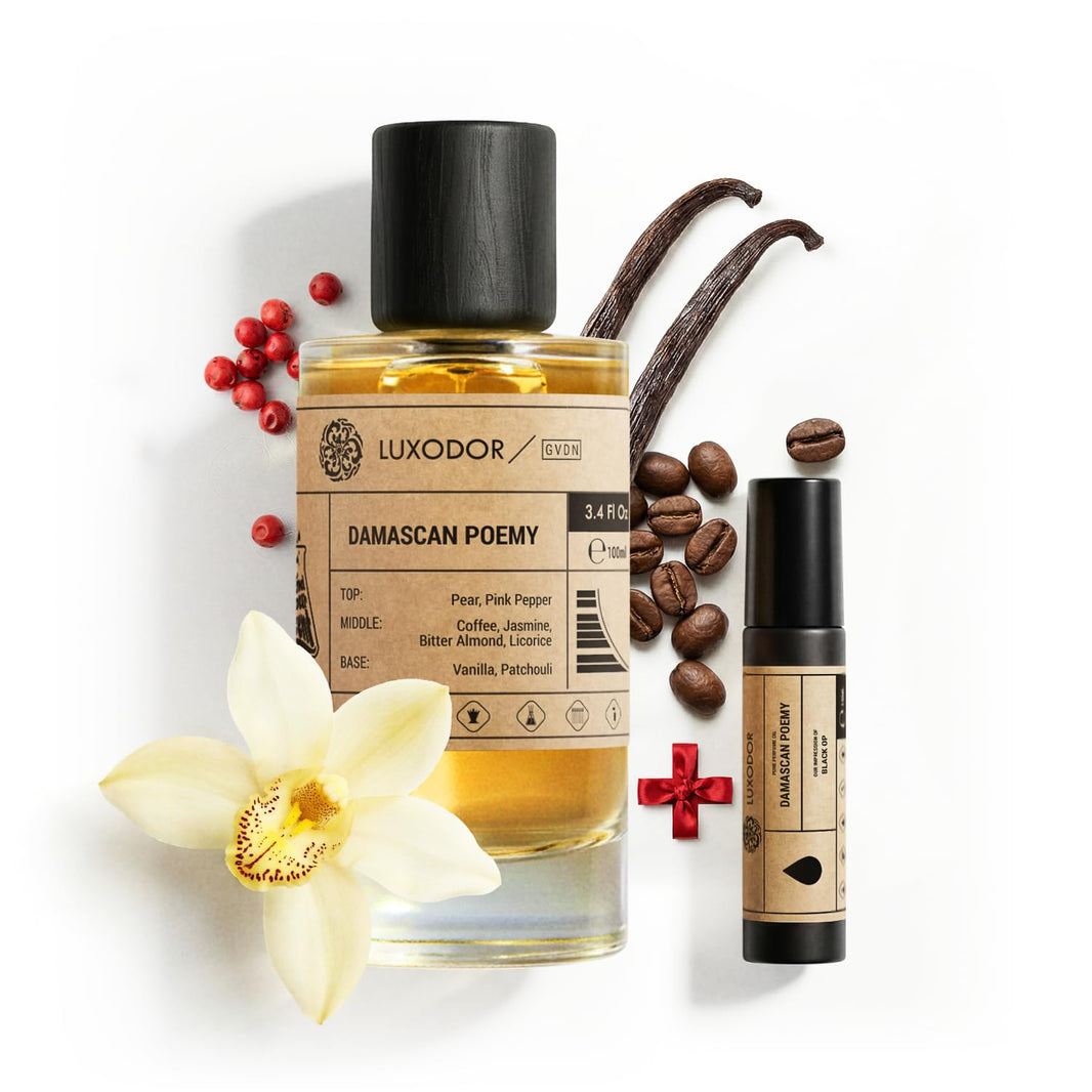 Inspired by Y S.L's B.lack O.pium 3.4 fl. oz (100ml) Damascus Poemy with Pheromone Roll-On Oil 10 ml | Women’s Dupes Fragrances | Long Lasting Perfume Vanilla for Women | Womens Perfume-Inspired by Y S.L's B.lack O.pium 3.4 fl. oz (100ml) Damascus Poemy with Pheromone Roll-On Oil 10 ml | Women’s Dupes Fragrances | Long Lasting Perfume Vanilla for Women | Womens Perfume