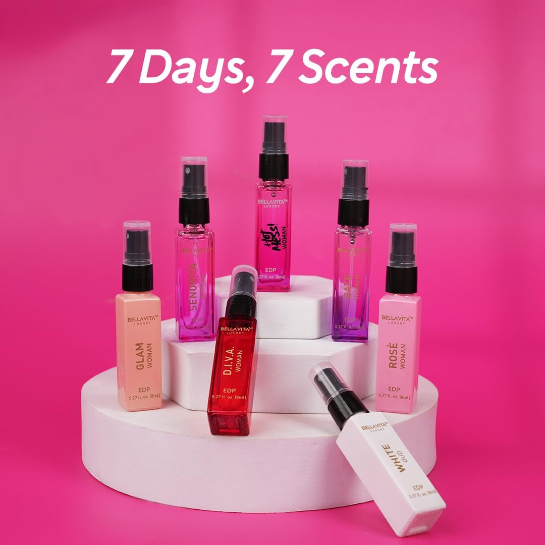 Bellavita Luxury Women's Perfume Discovery Gift Set with Date, Glam, Diva, Rose, Hot Mess, White Oud, and Senorita | 7 X 8ml | Floral, Fresh, Fruity Scent Profile | Mother's Day Present-Bellavita Luxury Women's Perfume Discovery Gift Set with Date, Glam, Diva, Rose, Hot Mess, White Oud, and Senorita | 7 X 8ml | Floral, Fresh, Fruity Scent Profile | Mother's Day Present