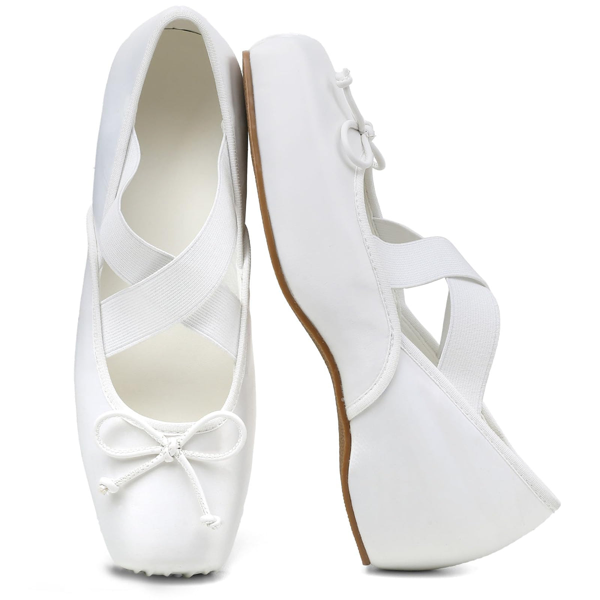 Women's Ballet Flats Square Toe Criss Cross Straps with Bow Low Wedge Shoes-Women's Ballet Flats Square Toe Criss Cross Straps with Bow Low Wedge Shoes