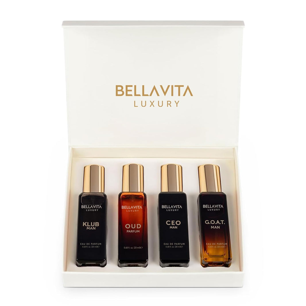 BellaVita Luxury Men's Perfume Gift Set with CEO Man, G.O.A.T., KLUB & OUD | 4 x 20ml (80ml) | Long Lasting Perfume for Men | Citrus, Woody, Patchouli & Caramel Notes | Gift for Father's Day-BellaVita Luxury Men's Perfume Gift Set with CEO Man, G.O.A.T., KLUB & OUD | 4 x 20ml (80ml) | Long Lasting Perfume for Men | Citrus, Woody, Patchouli & Caramel Notes | Gift for Father's Day