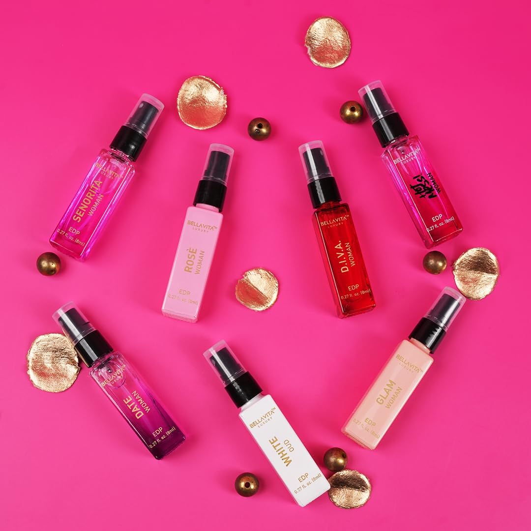 Bellavita Luxury Women's Perfume Discovery Gift Set with Date, Glam, Diva, Rose, Hot Mess, White Oud, and Senorita | 7 X 8ml | Floral, Fresh, Fruity Scent Profile | Mother's Day Present-Bellavita Luxury Women's Perfume Discovery Gift Set with Date, Glam, Diva, Rose, Hot Mess, White Oud, and Senorita | 7 X 8ml | Floral, Fresh, Fruity Scent Profile | Mother's Day Present