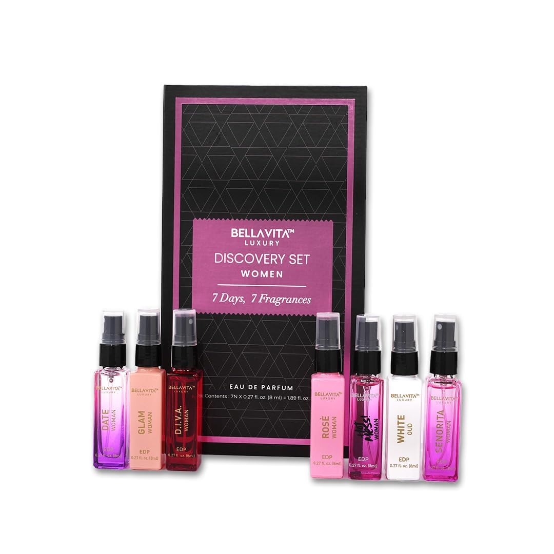 Bellavita Luxury Women's Perfume Discovery Gift Set with Date, Glam, Diva, Rose, Hot Mess, White Oud, and Senorita | 7 X 8ml | Floral, Fresh, Fruity Scent Profile | Mother's Day Present-Bellavita Luxury Women's Perfume Discovery Gift Set with Date, Glam, Diva, Rose, Hot Mess, White Oud, and Senorita | 7 X 8ml | Floral, Fresh, Fruity Scent Profile | Mother's Day Present
