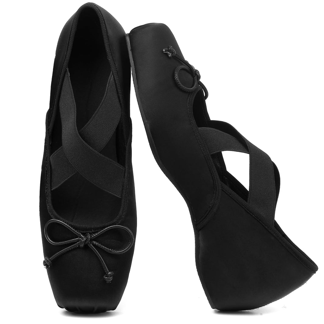 Women's Ballet Flats Square Toe Criss Cross Straps with Bow Low Wedge Shoes-Women's Ballet Flats Square Toe Criss Cross Straps with Bow Low Wedge Shoes