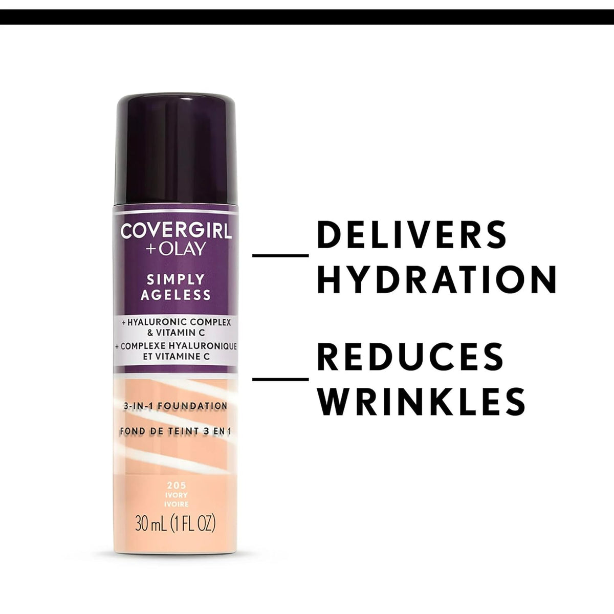 COVERGIRL & Olay Simply Ageless 3-in-1 Liquid Foundation, Matte Finish, Hyaluronic & Vitamin C Formula, 225 Buff Beige, 1 Count-COVERGIRL & Olay Simply Ageless 3-in-1 Liquid Foundation, Matte Finish, Hyaluronic & Vitamin C Formula, 225 Buff Beige, 1 Count