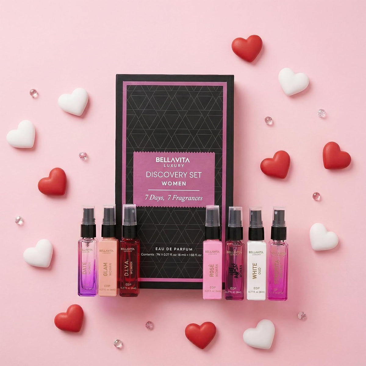 Bellavita Luxury Women's Perfume Discovery Gift Set with Date, Glam, Diva, Rose, Hot Mess, White Oud, and Senorita | 7 X 8ml | Floral, Fresh, Fruity Scent Profile | Mother's Day Present-Bellavita Luxury Women's Perfume Discovery Gift Set with Date, Glam, Diva, Rose, Hot Mess, White Oud, and Senorita | 7 X 8ml | Floral, Fresh, Fruity Scent Profile | Mother's Day Present