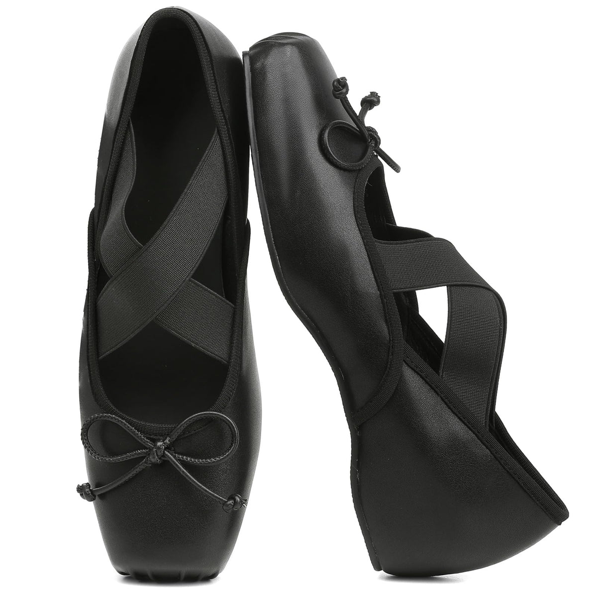 Women's Ballet Flats Square Toe Criss Cross Straps with Bow Low Wedge Shoes-Women's Ballet Flats Square Toe Criss Cross Straps with Bow Low Wedge Shoes