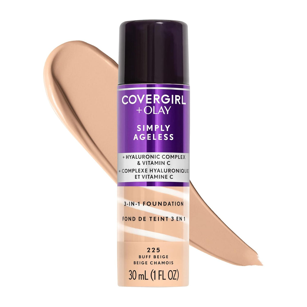 COVERGIRL & Olay Simply Ageless 3-in-1 Liquid Foundation, Matte Finish, Hyaluronic & Vitamin C Formula, 225 Buff Beige, 1 Count-COVERGIRL & Olay Simply Ageless 3-in-1 Liquid Foundation, Matte Finish, Hyaluronic & Vitamin C Formula, 225 Buff Beige, 1 Count