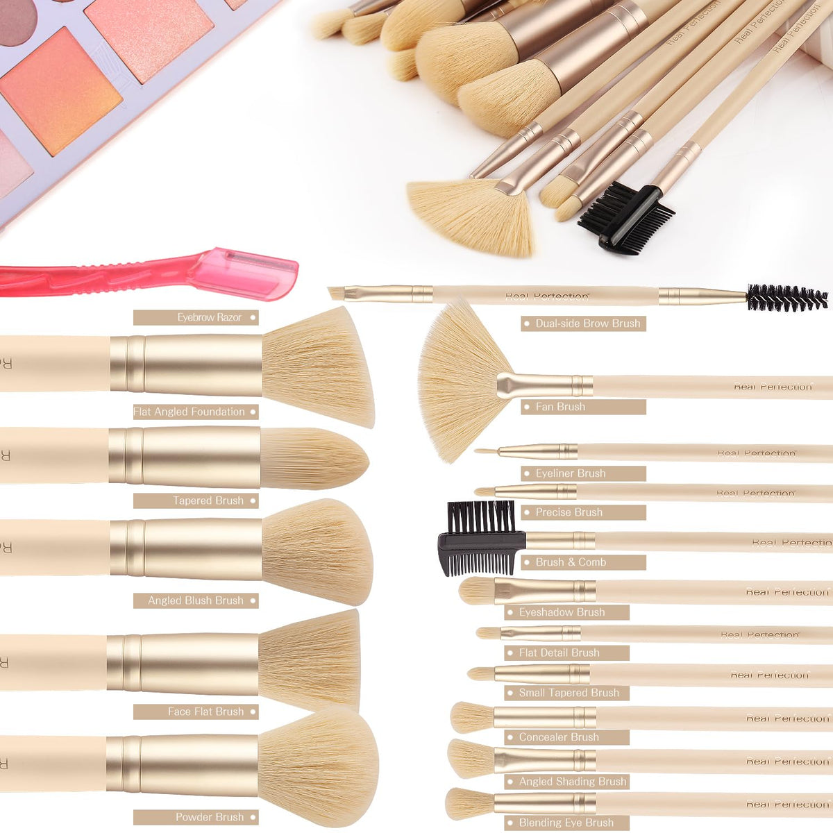 Real Perfection Makeup Brush Set 16 Pcs with 1 Eyebrow Razor Premium Synthetic Foundation Powder Concealers Eyeshadow Blush Makeup Brushes Make up Brushes Kit (Pink)-Real Perfection Makeup Brush Set 16 Pcs with 1 Eyebrow Razor Premium Synthetic Foundation Powder Concealers Eyeshadow Blush Makeup Brushes Make up Brushes Kit (Pink)