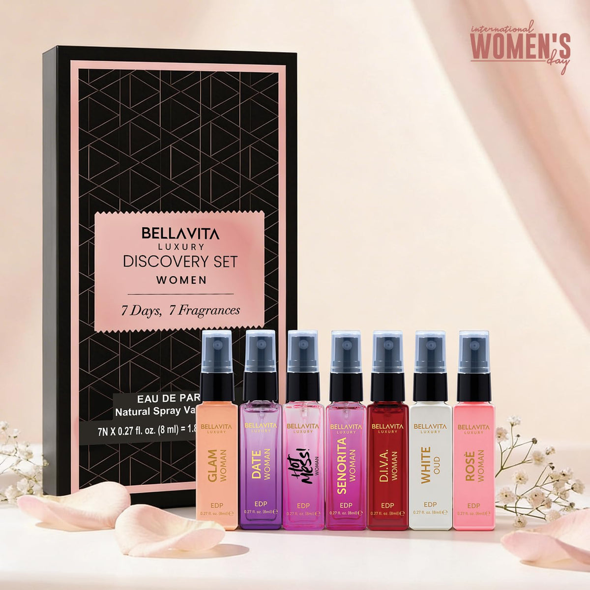 Bellavita Luxury Women's Perfume Discovery Gift Set with Date, Glam, Diva, Rose, Hot Mess, White Oud, and Senorita | 7 X 8ml | Floral, Fresh, Fruity Scent Profile | Mother's Day Present-Bellavita Luxury Women's Perfume Discovery Gift Set with Date, Glam, Diva, Rose, Hot Mess, White Oud, and Senorita | 7 X 8ml | Floral, Fresh, Fruity Scent Profile | Mother's Day Present
