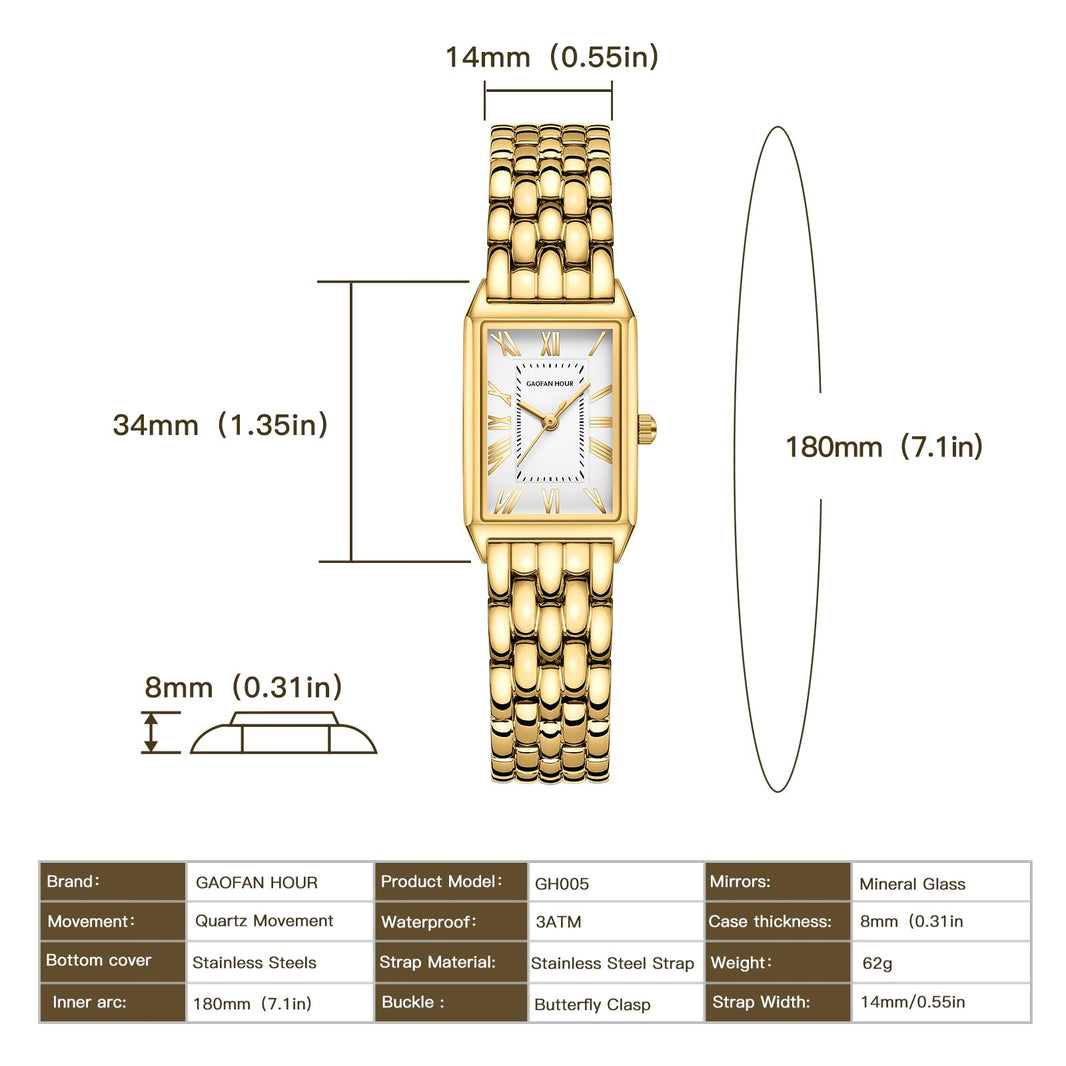 Gold Watches for Women with Vintage Rectangular Case,White Roman Dial,Stainless Steel Band,Adjustment Tool Included,Water Resistant-Gold Watches for Women with Vintage Rectangular Case,White Roman Dial,Stainless Steel Band,Adjustment Tool Included,Water Resistant