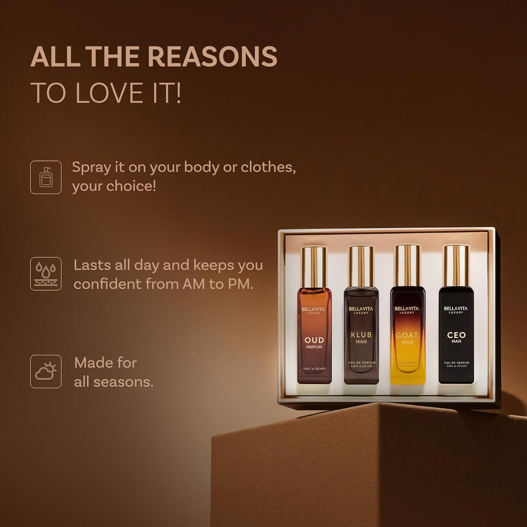 BellaVita Luxury Men's Perfume Gift Set with CEO Man, G.O.A.T., KLUB & OUD | 4 x 20ml (80ml) | Long Lasting Perfume for Men | Citrus, Woody, Patchouli & Caramel Notes | Gift for Father's Day-BellaVita Luxury Men's Perfume Gift Set with CEO Man, G.O.A.T., KLUB & OUD | 4 x 20ml (80ml) | Long Lasting Perfume for Men | Citrus, Woody, Patchouli & Caramel Notes | Gift for Father's Day