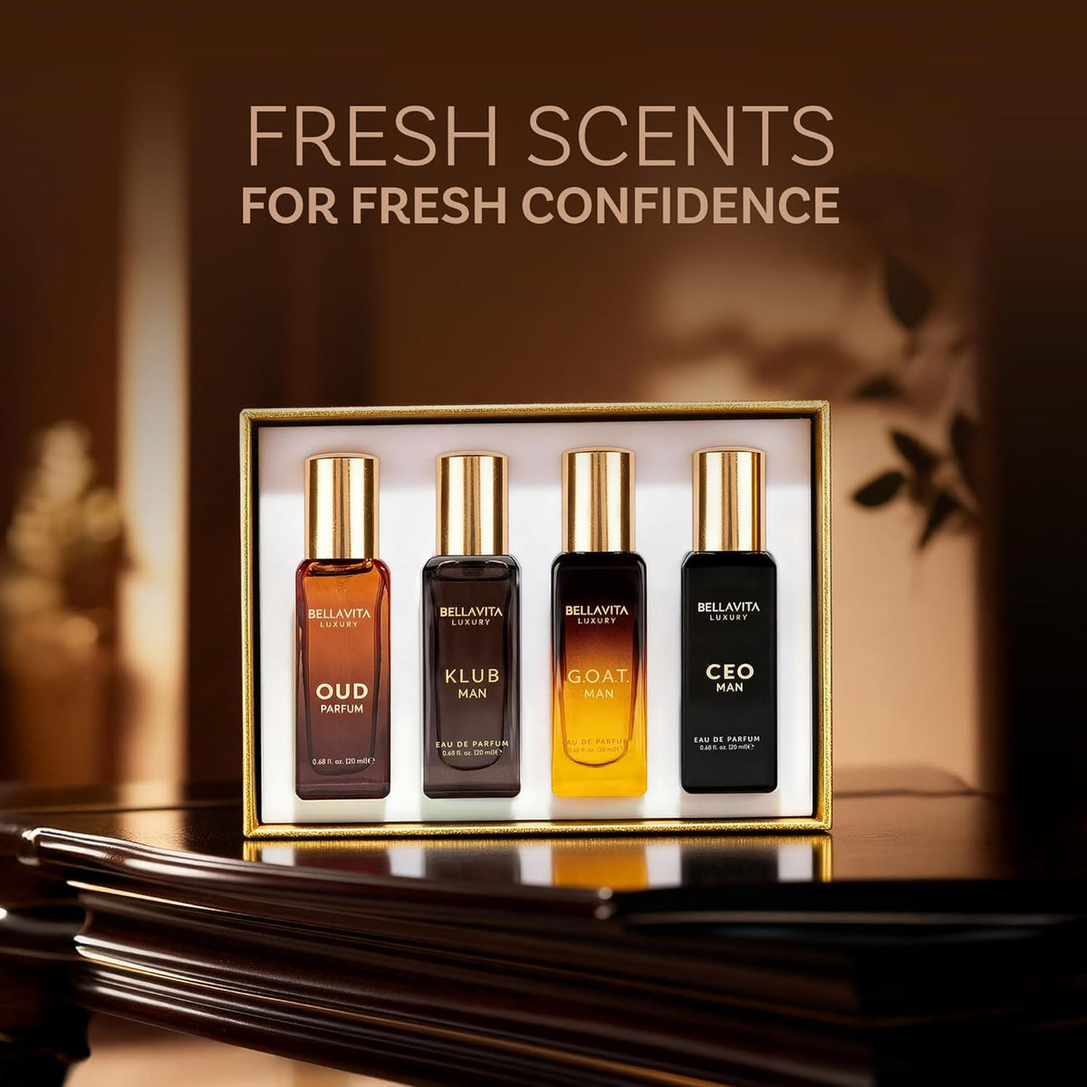 BellaVita Luxury Men's Perfume Gift Set with CEO Man, G.O.A.T., KLUB & OUD | 4 x 20ml (80ml) | Long Lasting Perfume for Men | Citrus, Woody, Patchouli & Caramel Notes | Gift for Father's Day-BellaVita Luxury Men's Perfume Gift Set with CEO Man, G.O.A.T., KLUB & OUD | 4 x 20ml (80ml) | Long Lasting Perfume for Men | Citrus, Woody, Patchouli & Caramel Notes | Gift for Father's Day