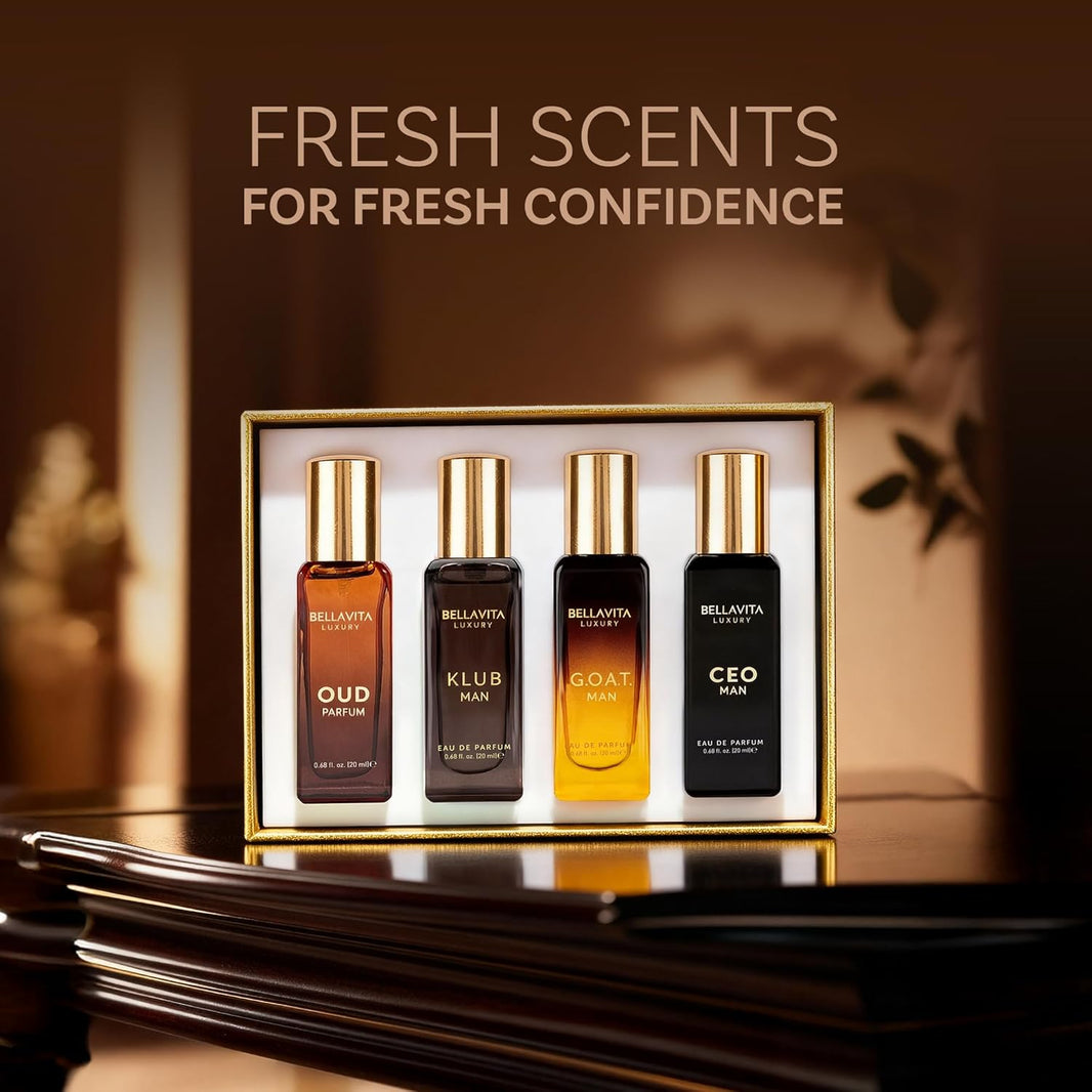 BellaVita Luxury Men's Perfume Gift Set with CEO Man, G.O.A.T., KLUB & OUD | 4 x 20ml (80ml) | Long Lasting Perfume for Men | Citrus, Woody, Patchouli & Caramel Notes | Gift for Father's Day-BellaVita Luxury Men's Perfume Gift Set with CEO Man, G.O.A.T., KLUB & OUD | 4 x 20ml (80ml) | Long Lasting Perfume for Men | Citrus, Woody, Patchouli & Caramel Notes | Gift for Father's Day